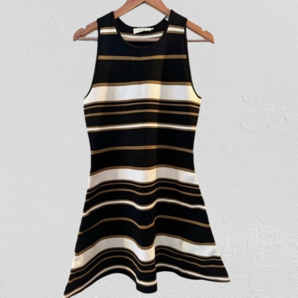 A.L.C. Striped Tank Top Dress Stretchy Black/OffWhite/GoldenBrown Women's L - Picture 1 of 12